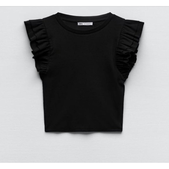 ZARA Black‎ Ribbed Ruffled Sleeve Crop Sz Small - Picture 2 of 6